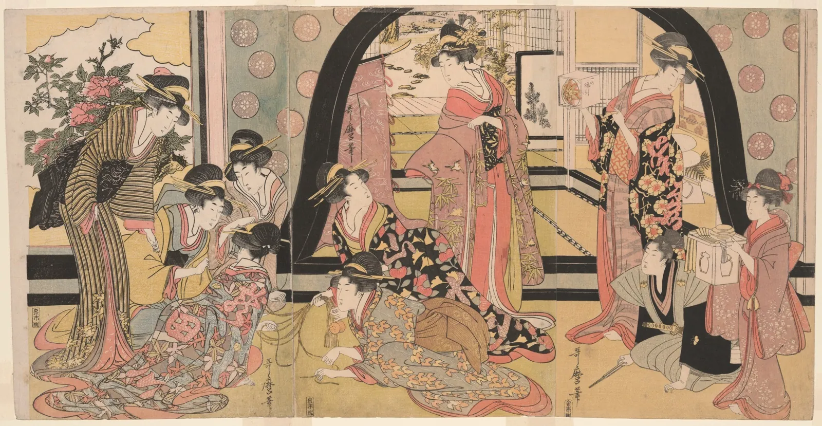 Woodblock triptych of elegant women gathered in a room, pulling strings to draw lots for prizes