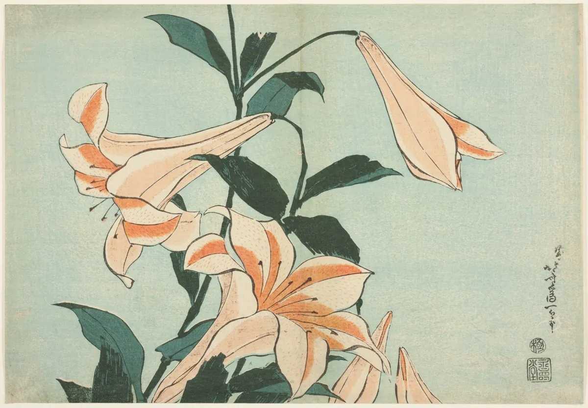 Woodblock print of orange-pink lilies with dark green leaves on a pale blue ground