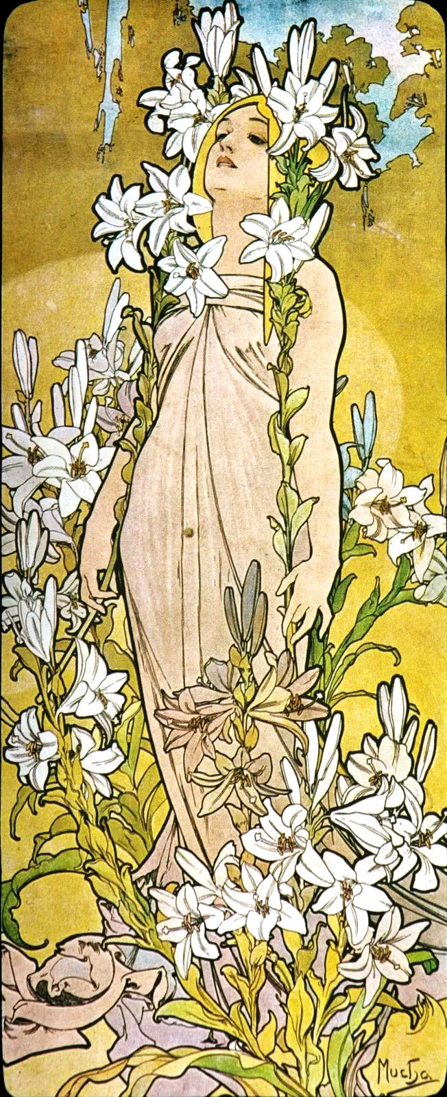 Art Nouveau panel of a woman in a pale gown surrounded by tall white lilies