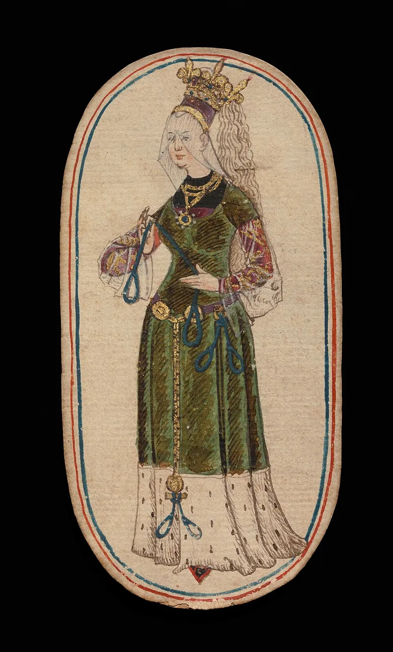 A hand-painted oval playing card of a queen in a green gown holding a hunting noose