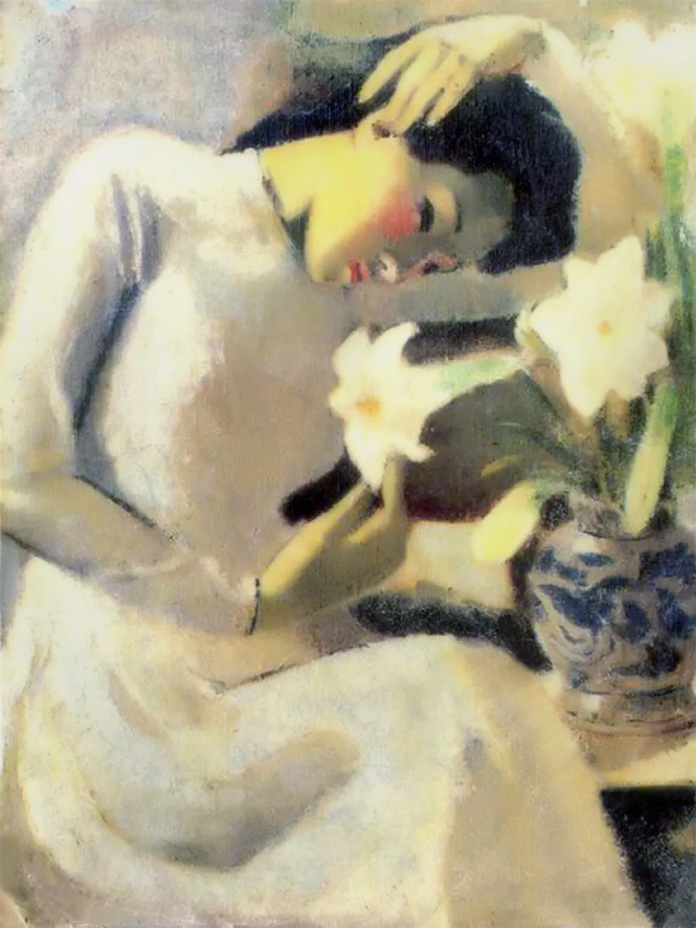 Oil painting of a young woman in a white áo dài tilting her head towards a vase of white lilies
