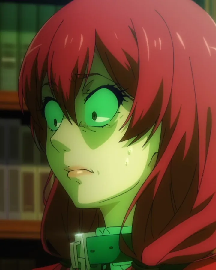 Mikura lit green, wide-eyed and sweating as she watches a game turn