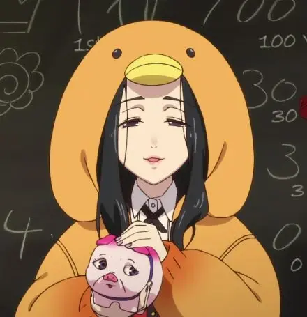 Rumia Uru in her penguin hoodie, holding a piggy bank