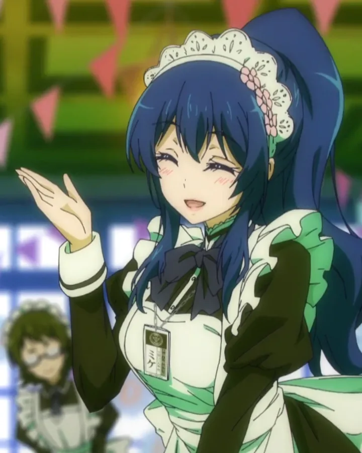 Tsuzura in a maid outfit, eyes closed, smiling and waving